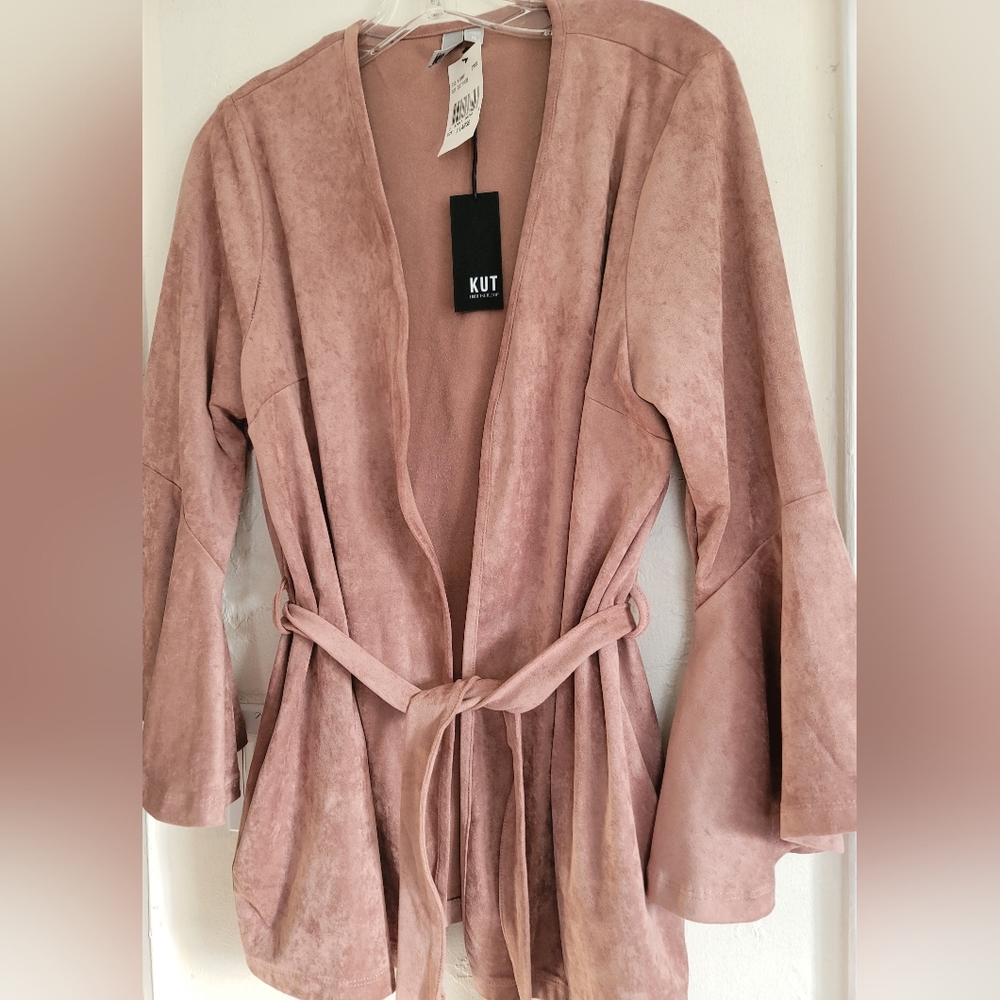 Kut From The Kloth Jacket Womens Size XL Pink Karina Sueded Bell Sleeve Belted - Picture 7 of 15